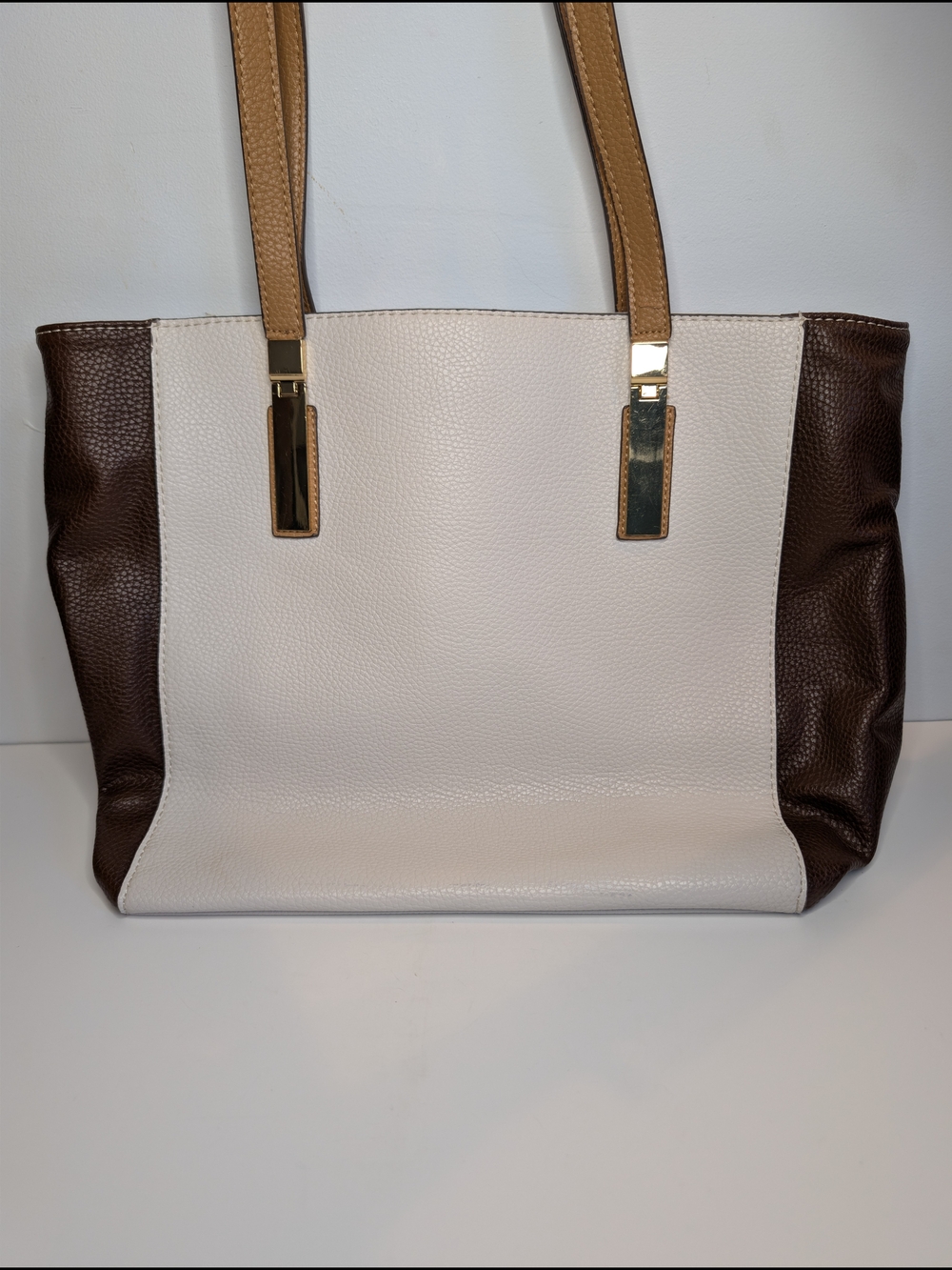 Nicole Miller - White Brown Pebbled Tote Bag Magnetic Closure Gold Hardware